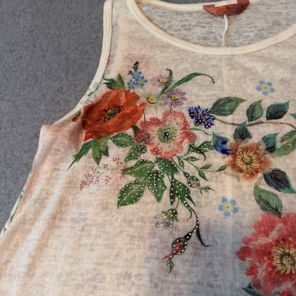 SJS Sleeveless Semi Sheer Knit Shirt Tank Rhinestone Shark Bite Hem Sz M Floral